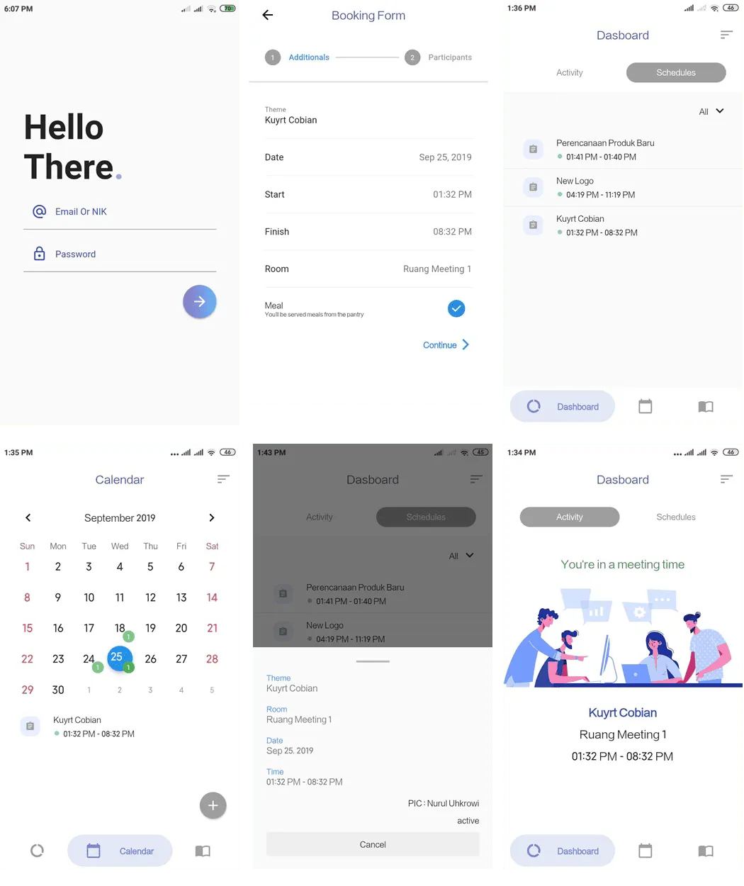 Meeting room booking app screens: sign-in, booking form with room and meal options, schedule dashboard, calendar, and an in-progress meeting view
