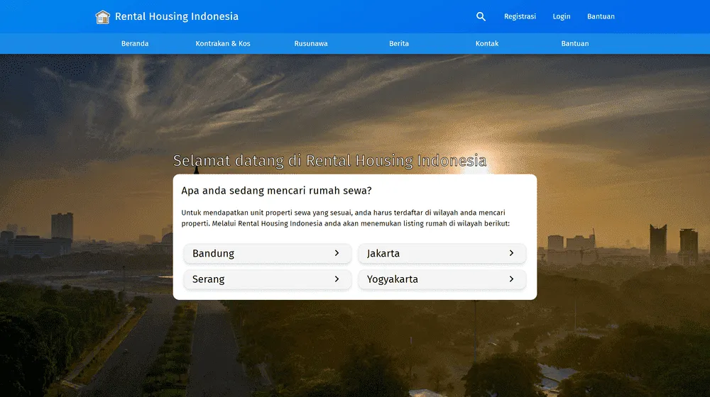 Rental Housing Indonesia public homepage, with a city selector for Bandung, Jakarta, Serang and Yogyakarta