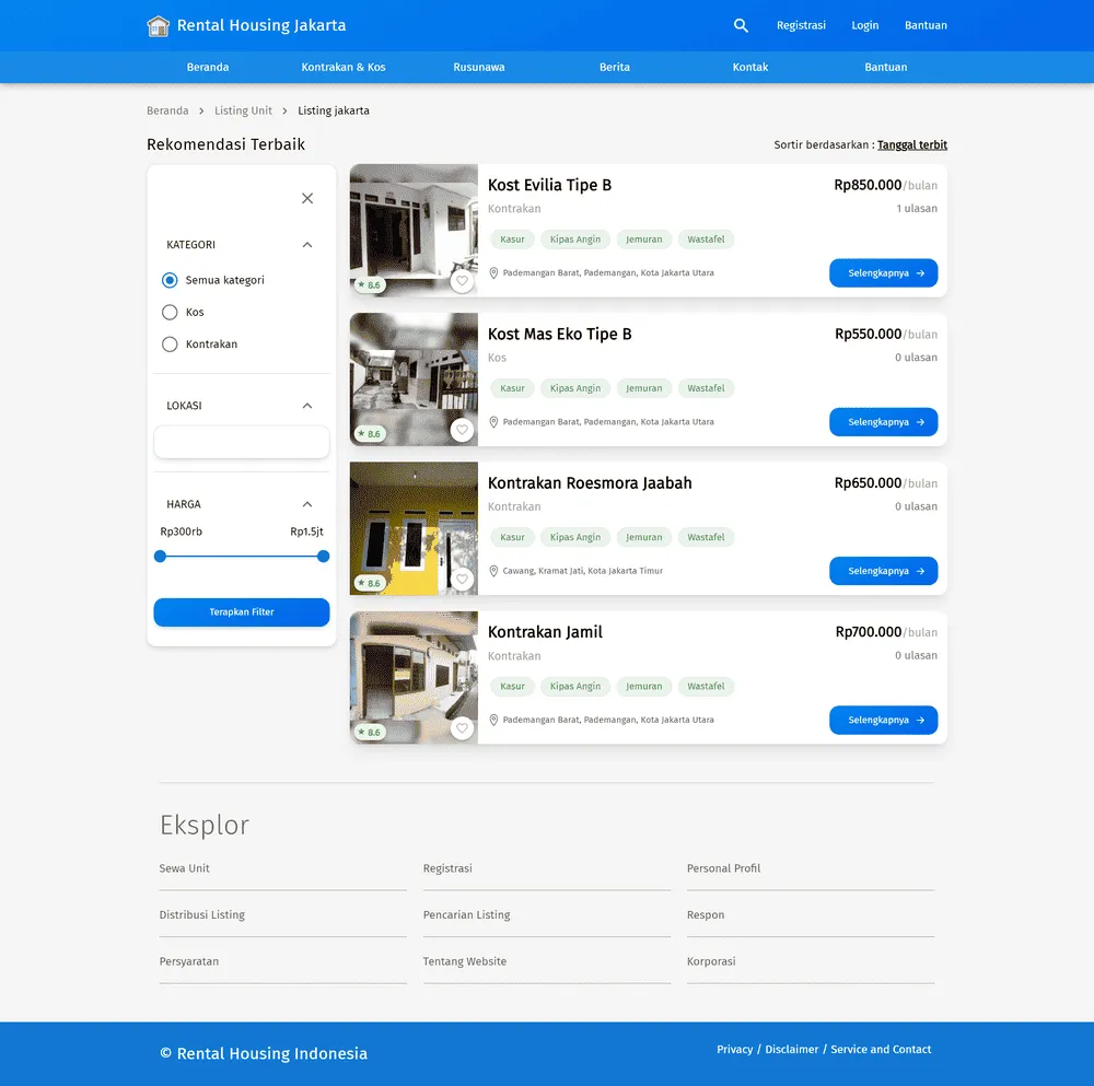Property listing page filtered by category, location and monthly price, showing rental units in Jakarta