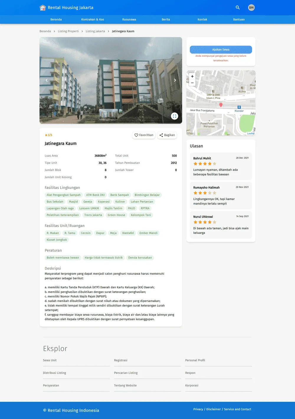 Property detail page showing unit specifications, on-site facilities, a location map and tenant reviews