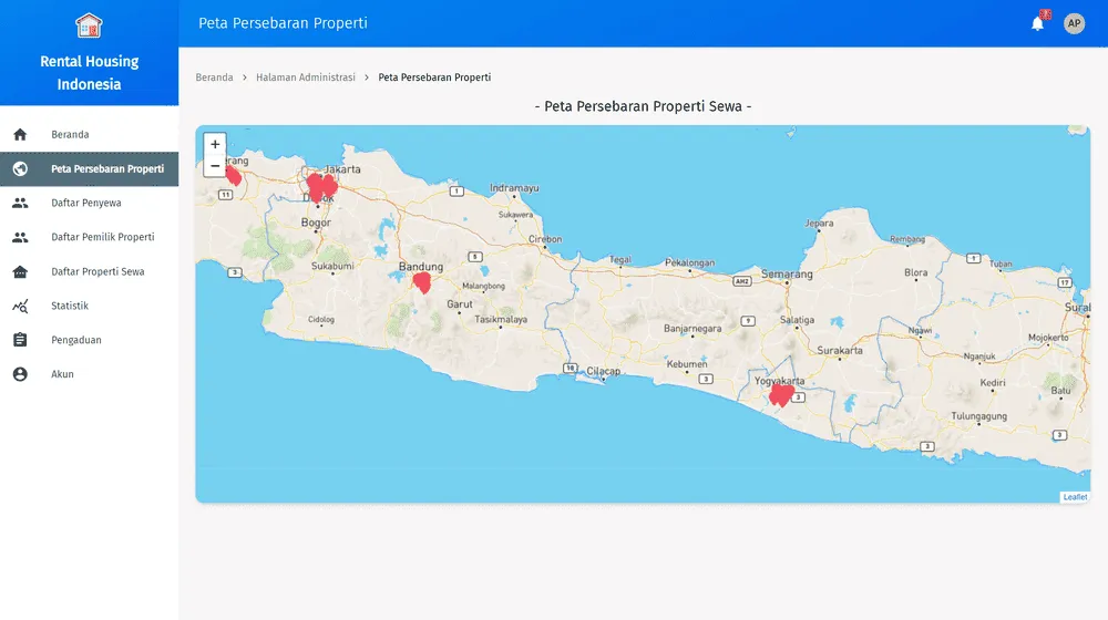 Administrator map of rental property distribution across Java, clustered by region