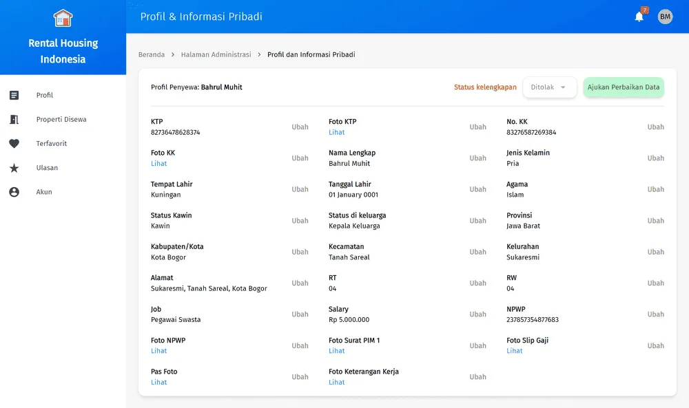 Administrator view of a tenant's profile and supporting document verification status